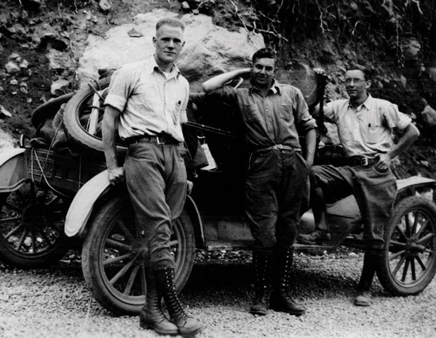 Herb Jensen, Fred Grover, Art Halloran, and a 1915 Ford on their way to Forestry Camp in 1928. The photo is part of the Fritz-Metcalf Photograph Collection, a treasure trove of historic photos of forestry at UC Berkeley, assembled by professors emeriti Emanuel Fritz and Woodcliff Metcalf. The collection was digitized and placed online in 2011, with free and open access, by the Marian Koshland Bioscience and Natural Resources Library. PHOTO: Herb Jensen