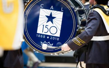 A drum with the Berkeley 150 logo