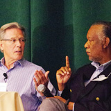 Sierra Orchards owner Craig McNamara and National Family Farm Coalition president Ben Burkett engage in a lively panel discussion at the Berkeley Food Institute’s inaugural May symposium. PHOTO: Lauralyn Curry-Leech