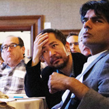 UC Berkeley agroecology professor Miguel Altieri, activist and academic Jun Borras, and author-activist Raj Patel listen to panelists at the Berkeley Food Institute’s inaugural May symposium. PHOTO: Lauralyn Curry-Leech
