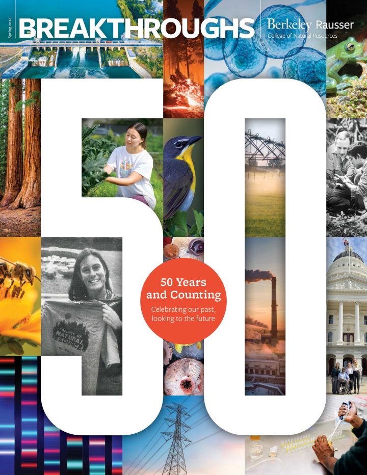 The cover of spring 2024 breakthroughs magazine, with a collage of colorful images and a big 50 on it