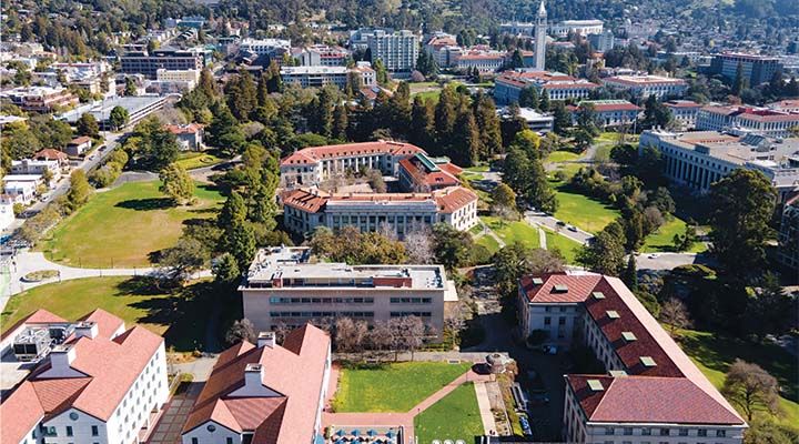 An aerial image of buildings on the Rausser College campus