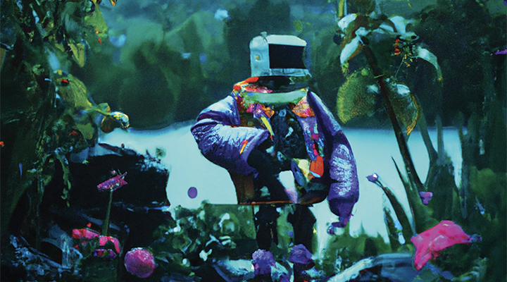 A colorful illustration of a cyborg in a lush environment
