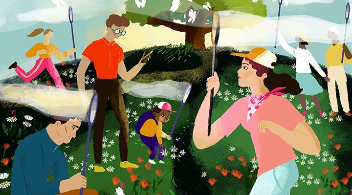 An illustration of people gathering butterflies with nets 