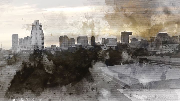 An grungy art piece showing a city and pollution
