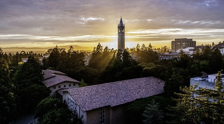 the sun setting over uc berkeley campus and campanile