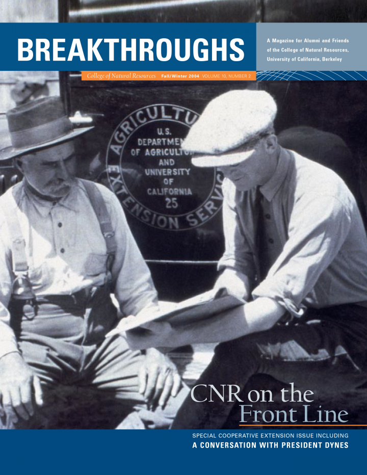 Cover of Breakthroughs Fall 2004, Old photograph of two men with a backdrop stating US department of Agriculture and University of California