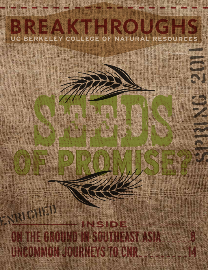 Cover of Breakthroughs Spring 2011, A seedbag with the words 'Seeds of Promise?' written on it