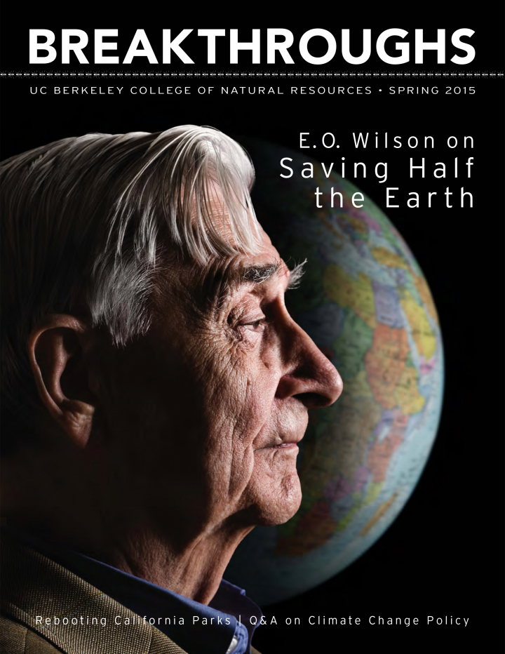 Cover of Breakthroughs Spring 2015, shows a profile of E. O. Wilson against a backdrop of the earth