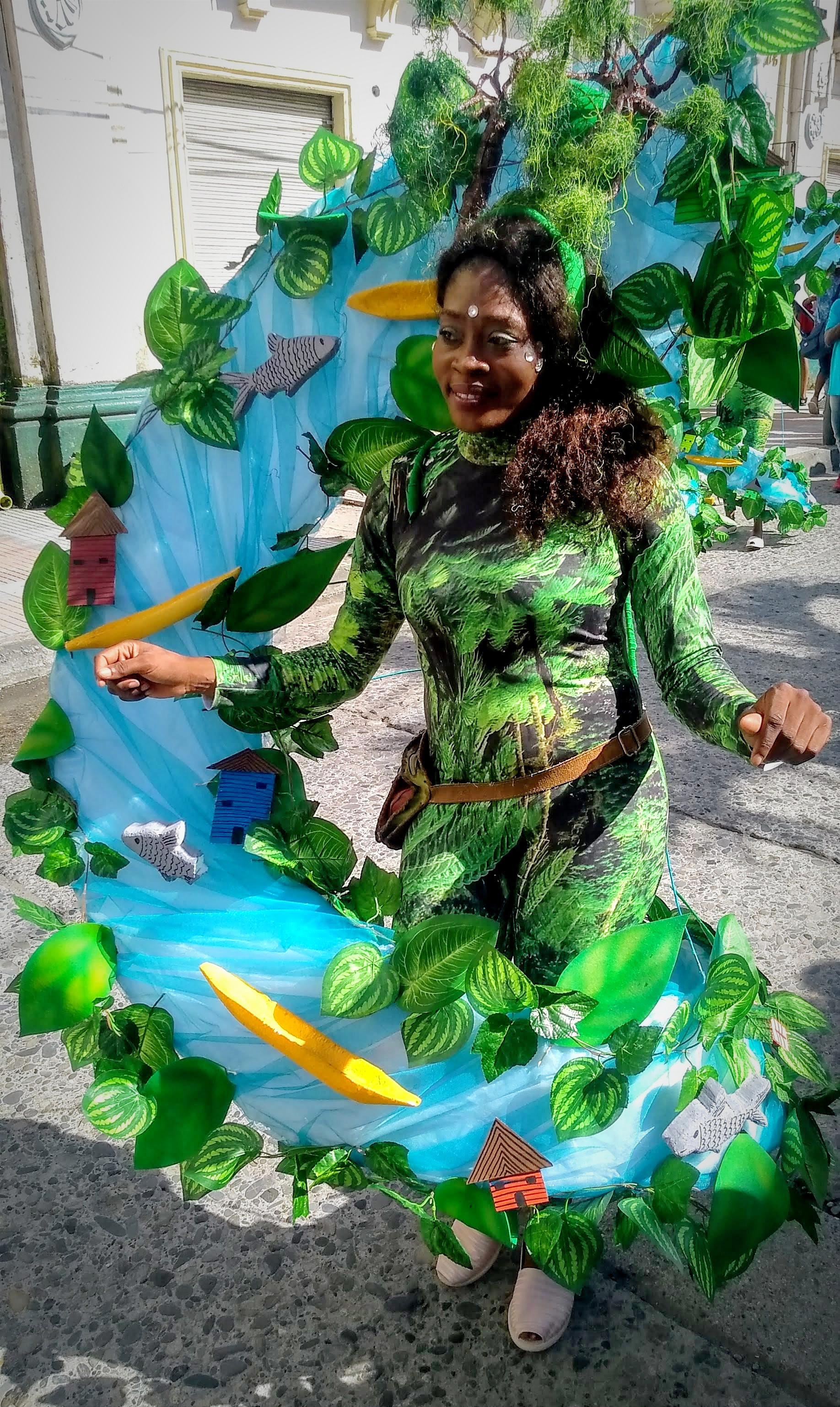 This image shows a resident from Chocó and her dress resembles the Atrato river and all its biodiversity. This shows the intricate connection between biodiversity and cultural diversity.