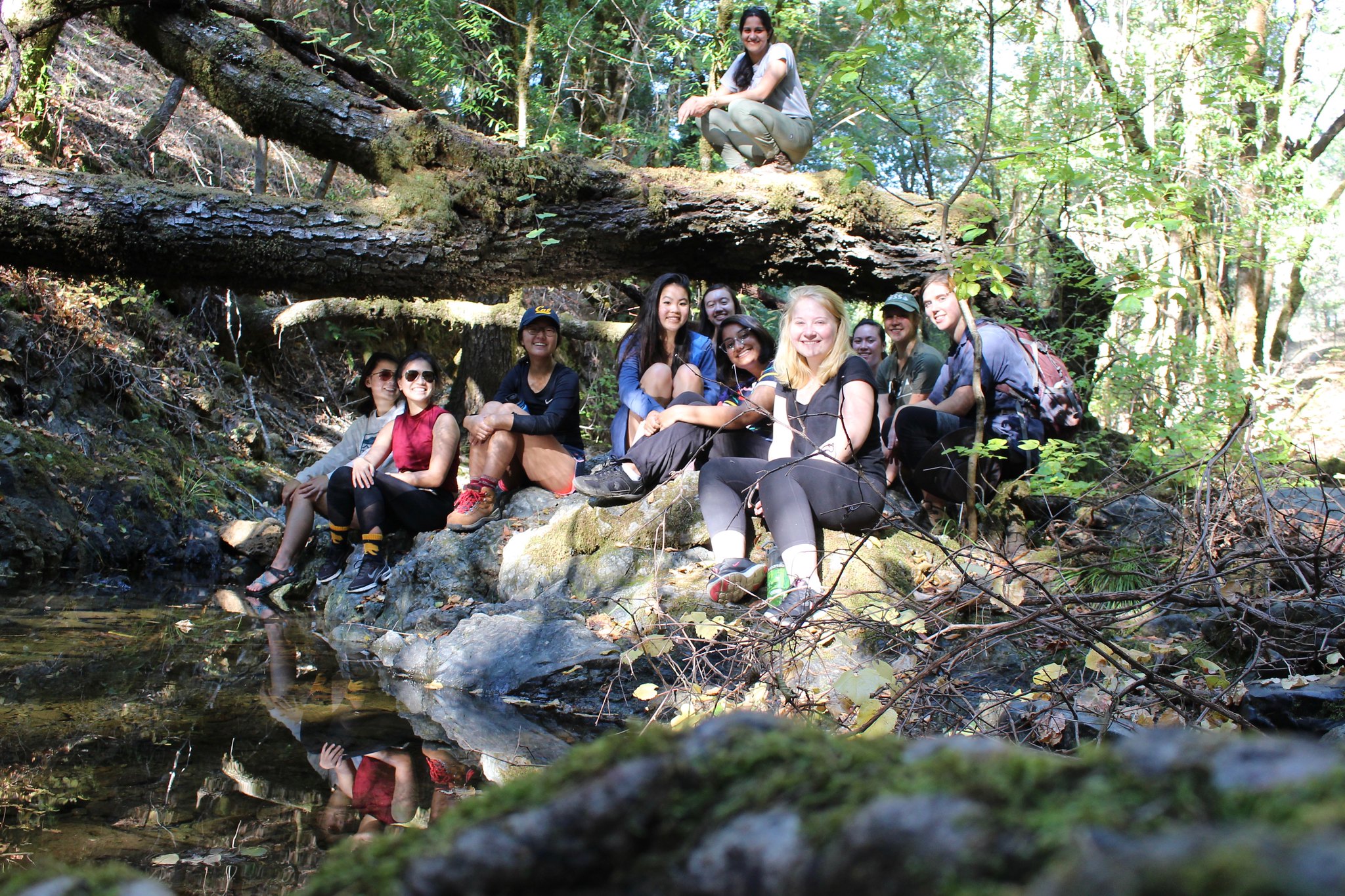 Students hanging out by a creek