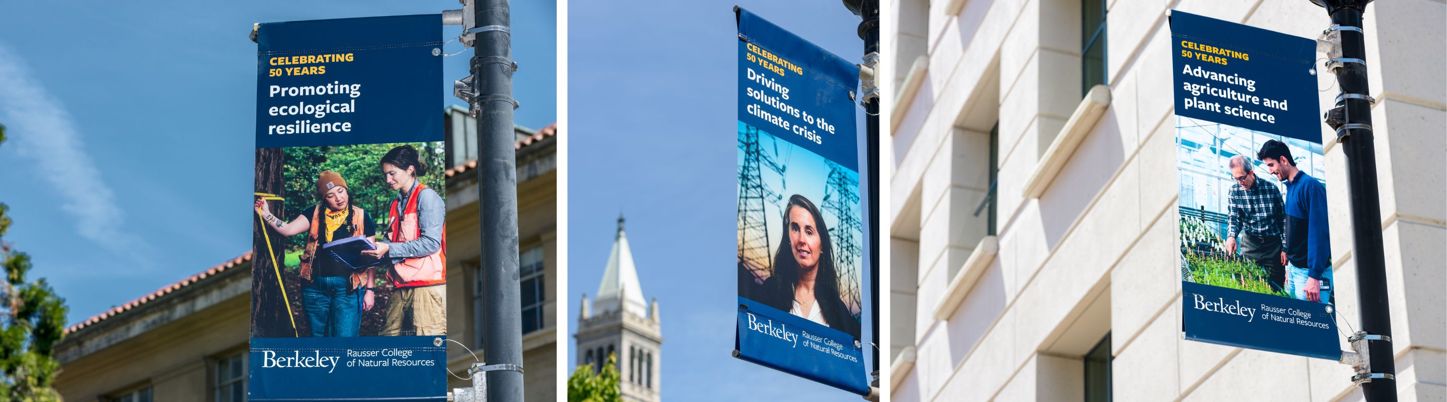 A composite image featuring four photos of banners installed around the UC Berkeley campus.