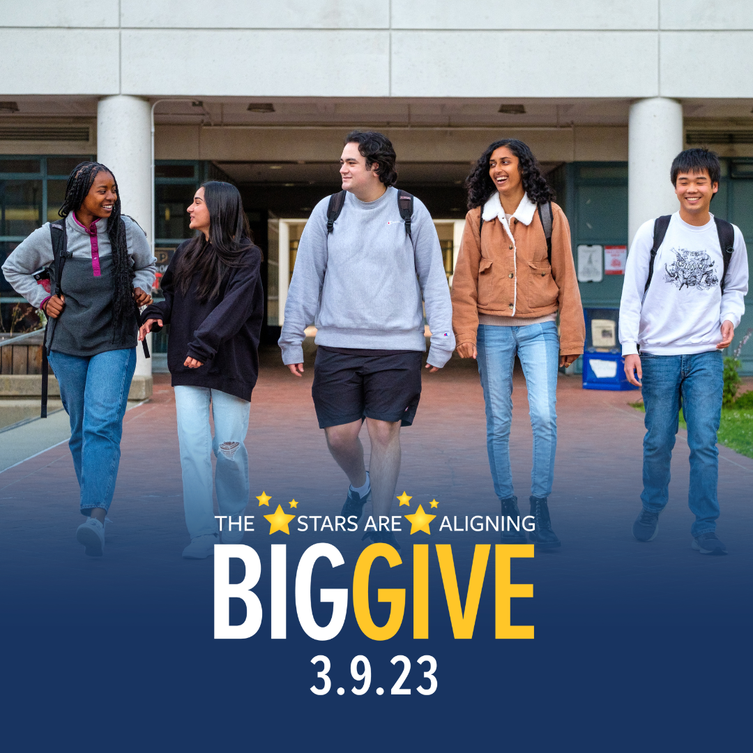 Students walking on the UC Berkeley campus with the Big Give logo