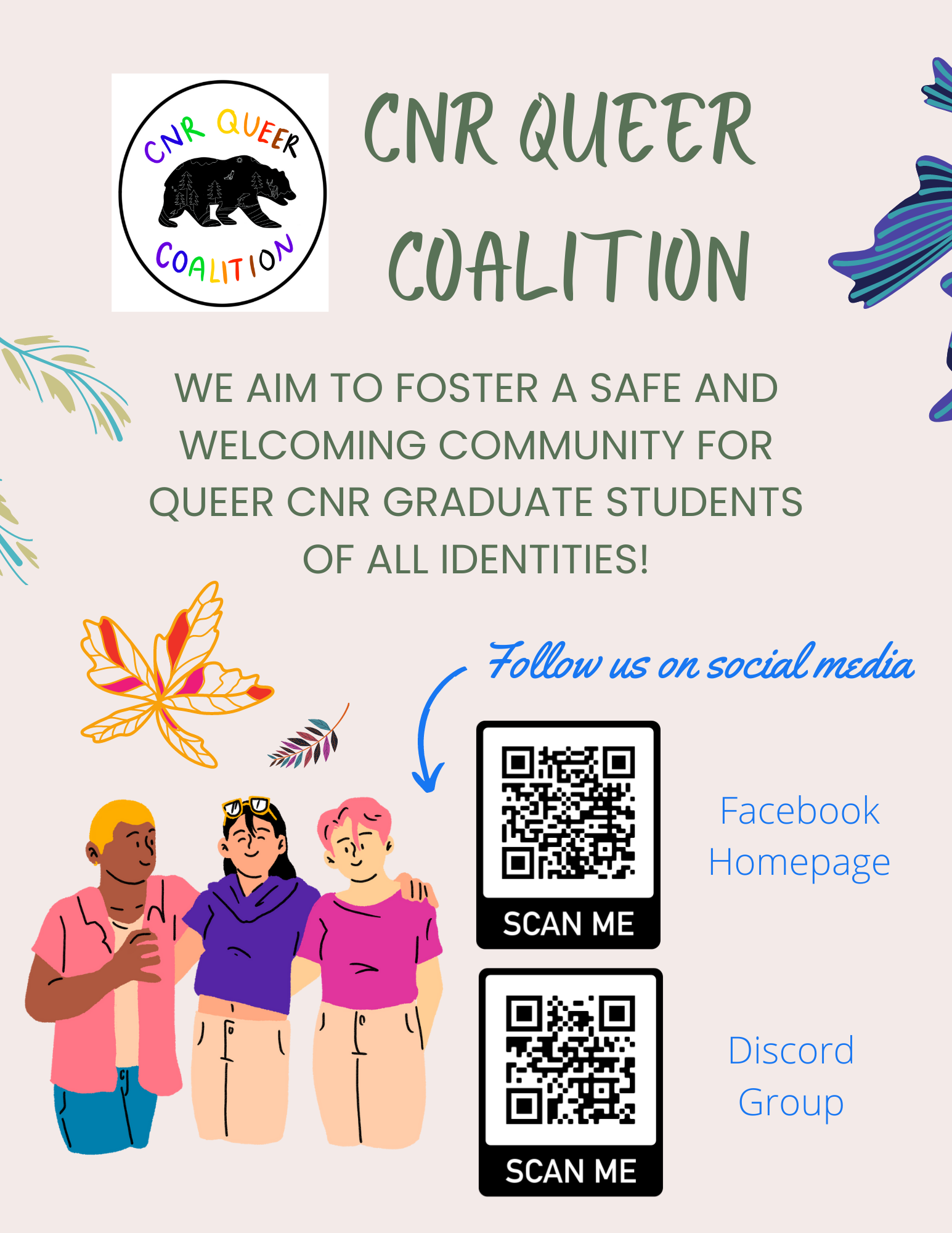 CNR Queer Coalition graphic flyer with 2 QR codes for their facebook and instagram social media