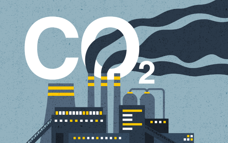 Illustration of factory emitting fumes, titled CO2 in illustration.