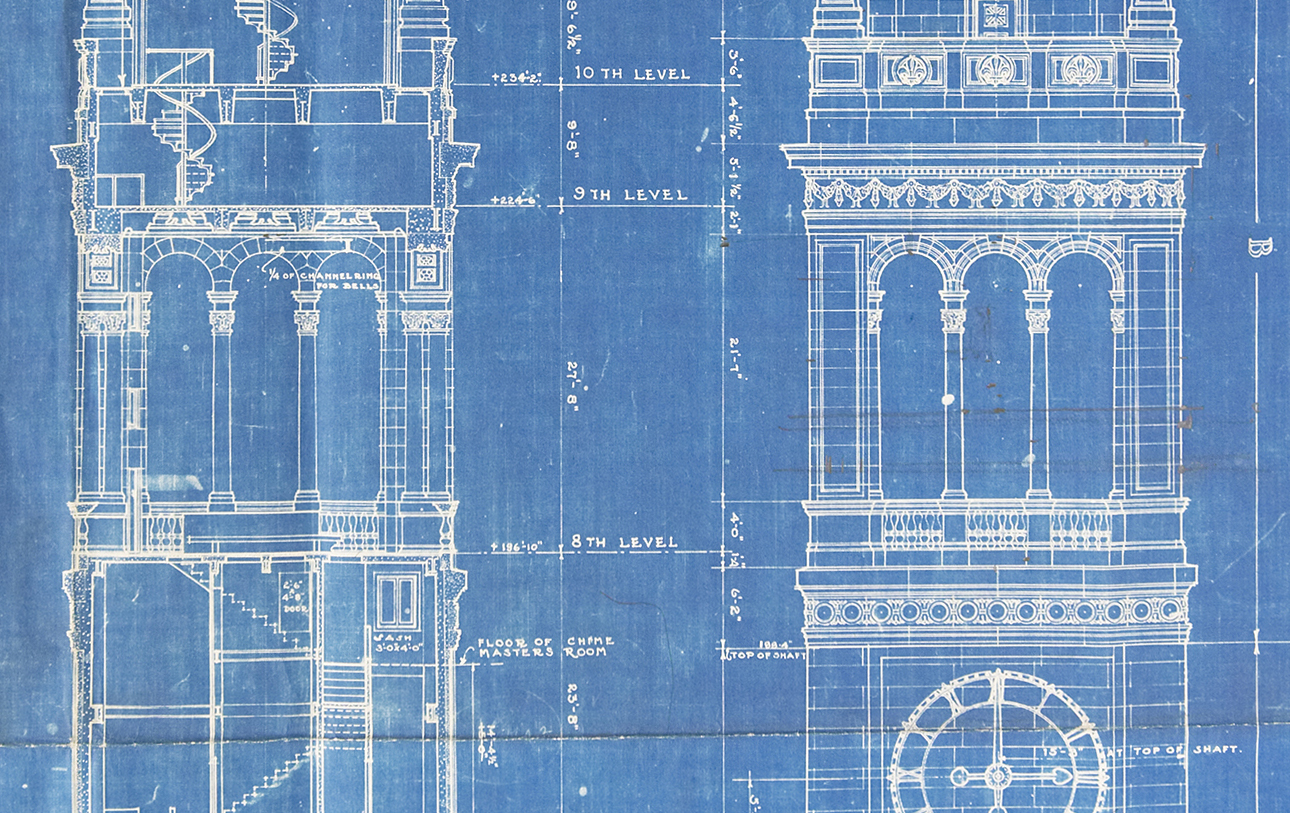 Blueprints of the campanile, showing the clock face.