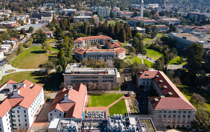 An aerial photo of the northwestern corner of the UC Berkeley campus, where several buildings that comprise Rausser College of Natural Resources are located.
