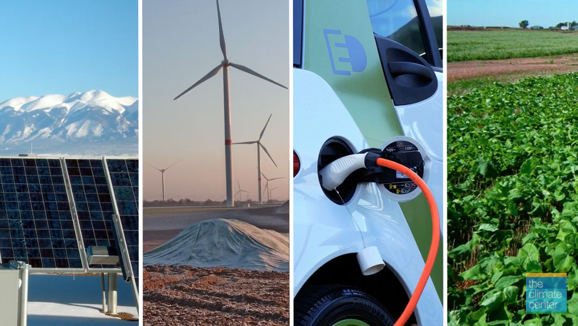 Screenshot of Climate-Safe California webinar series showing images of electric vehicles, wind mills, crops and solar panels