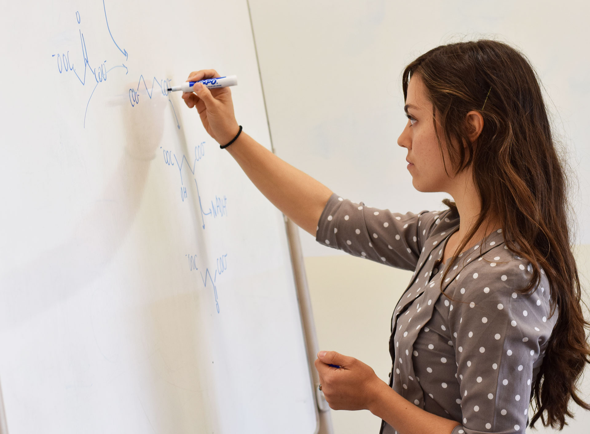 A graduate student writing a formula on a whiteboard