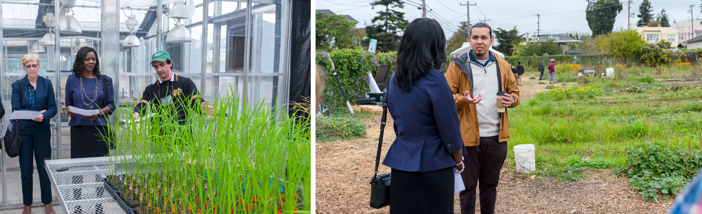 Two images: first a person in a greenhouse talking and pointing to plants and next two people talking in a field