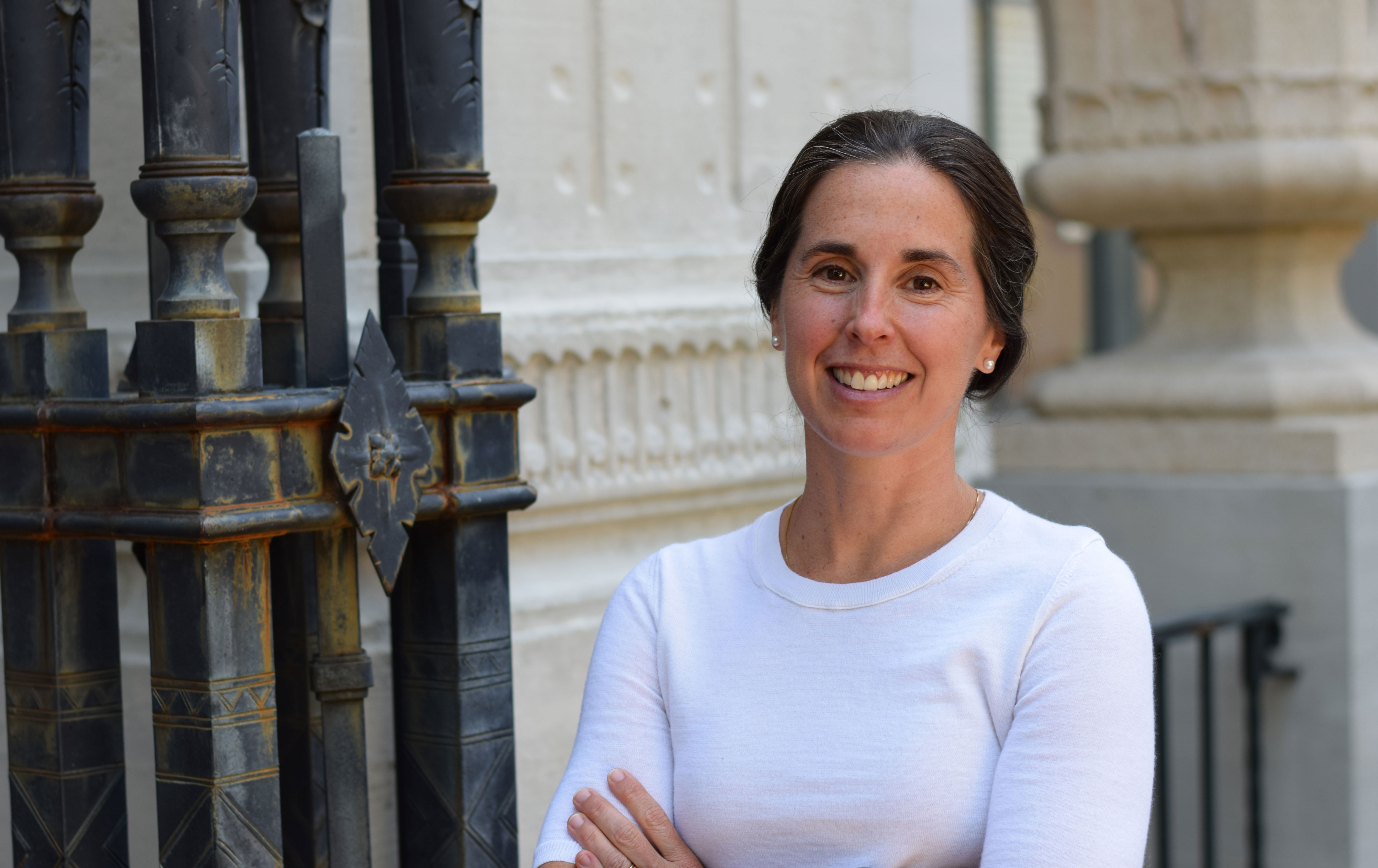 Meredith Fowlie stands in front of Giannini Hall