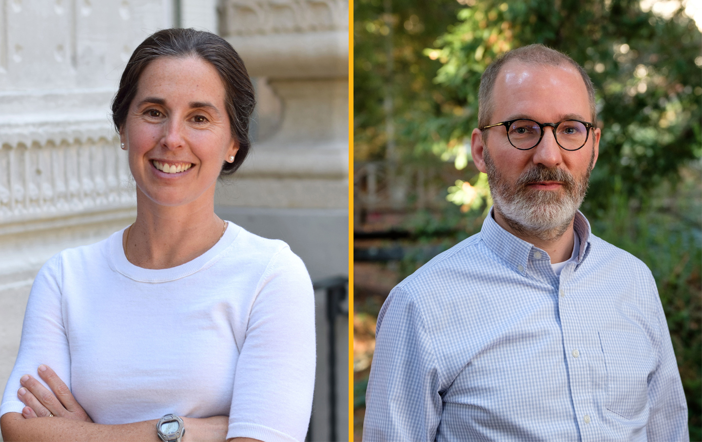 A composite image featuring portraits of professors Meredith Fowlie and David Anthoff.