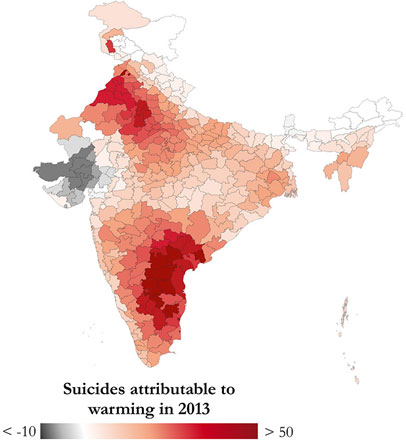 [Map of India showing areas with highest rates of suicide from 1980 to 2013