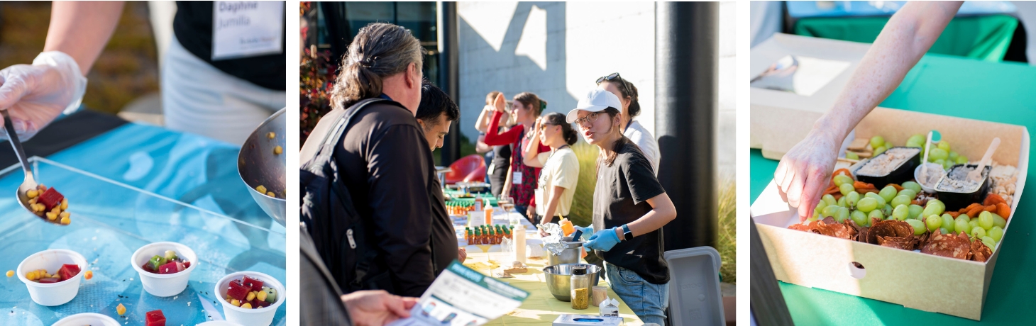 A composite image featuring pictures of people grabbing food from tables.