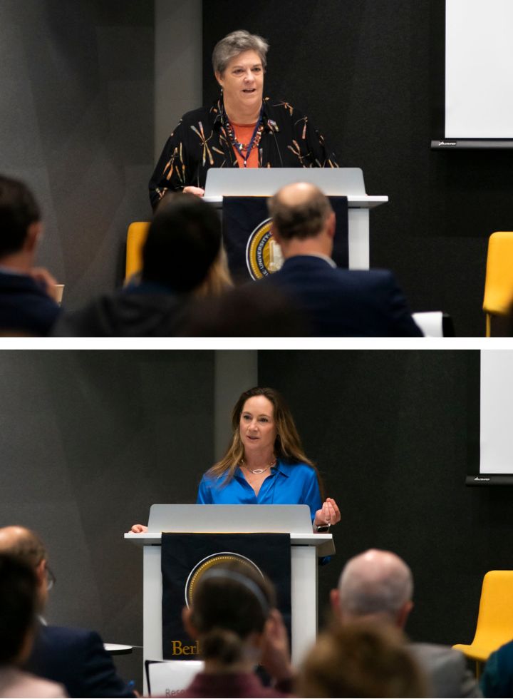 A composite image featuring pictures of two women talking to an audience.