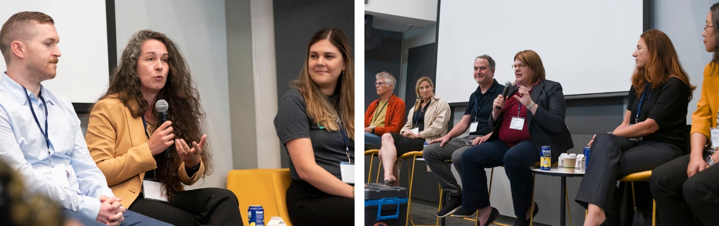 A composite image featuring pictures of people talking on panels.