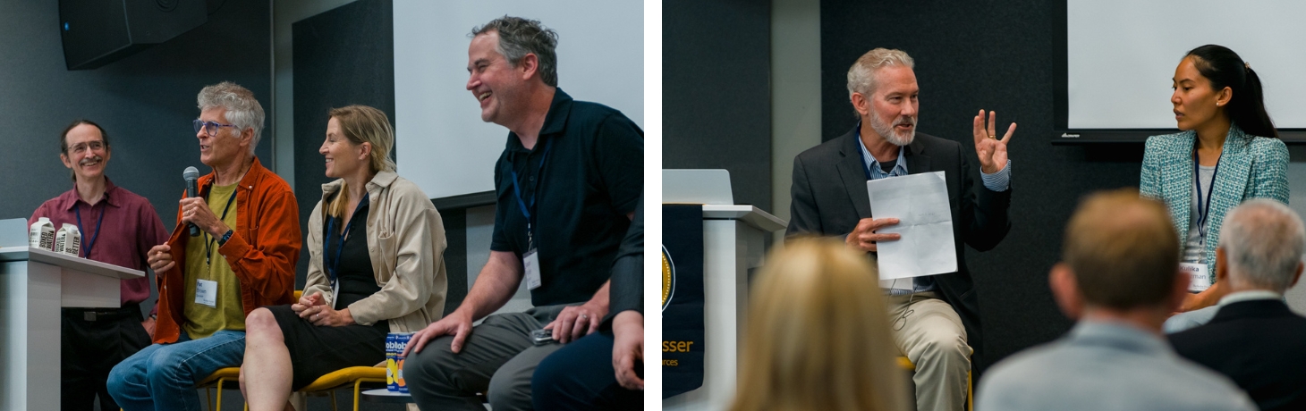 A composite image featuring pictures of people talking to audience members on panels.