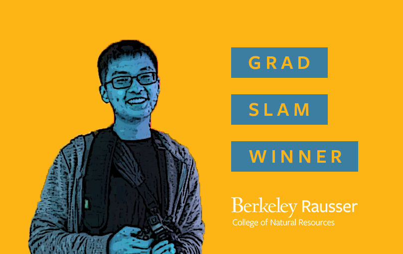 Photo of Justin Lee (blue) with text GRAD SLAM WINNER and Rausser College logo