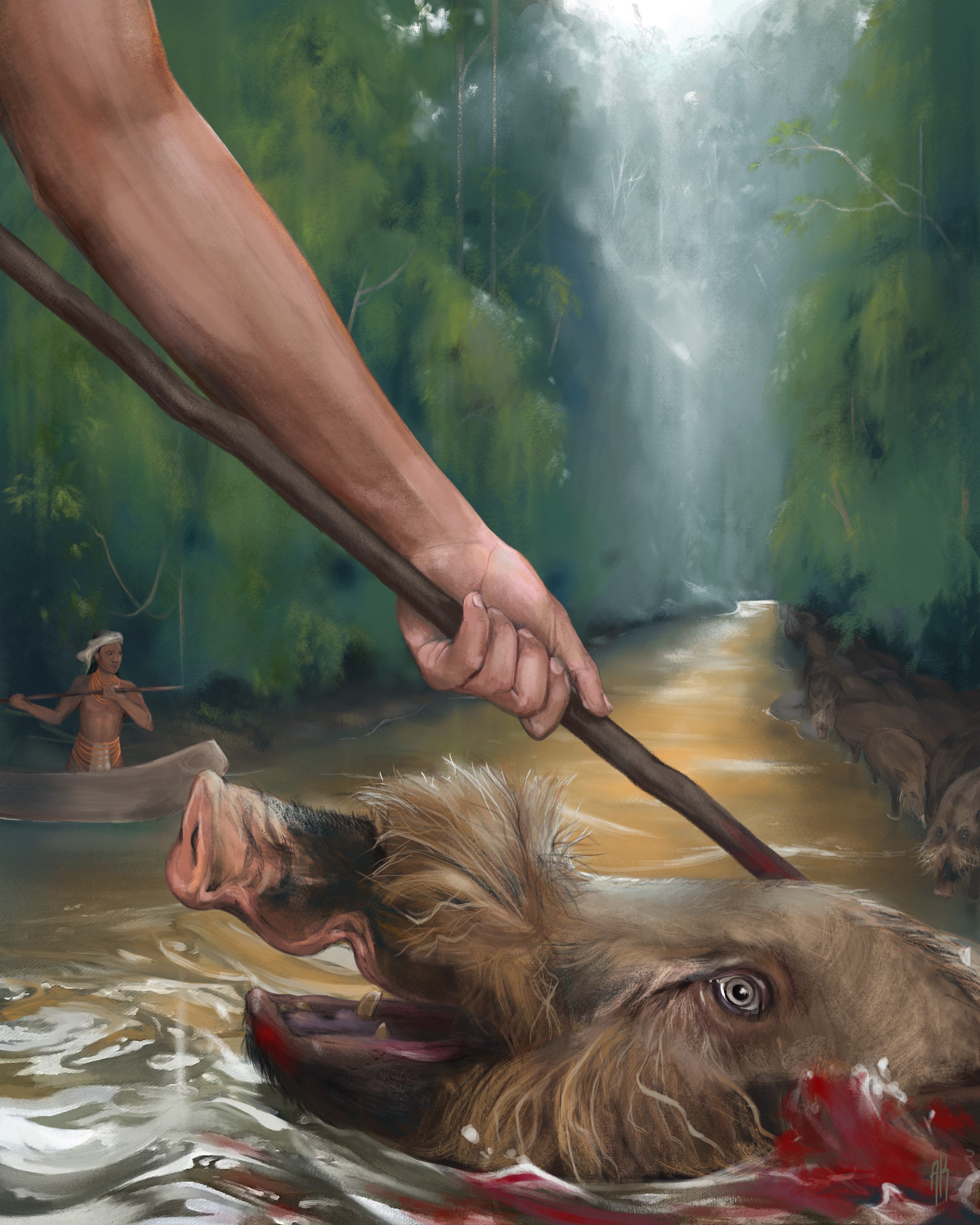 An artistic depiction of a traditional form of Indigenous bearded pig hunting, showing hunters spearing a pig in a river