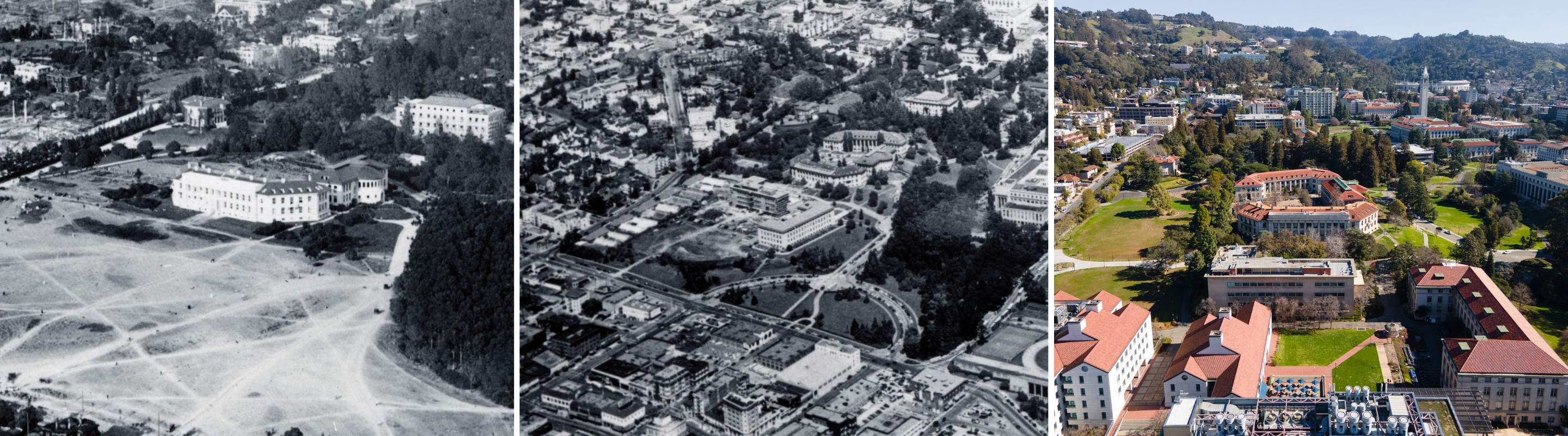 A composite image featuring historic and present-day images of the buildings that comprise UC Berkeley's historic agriculture complex.