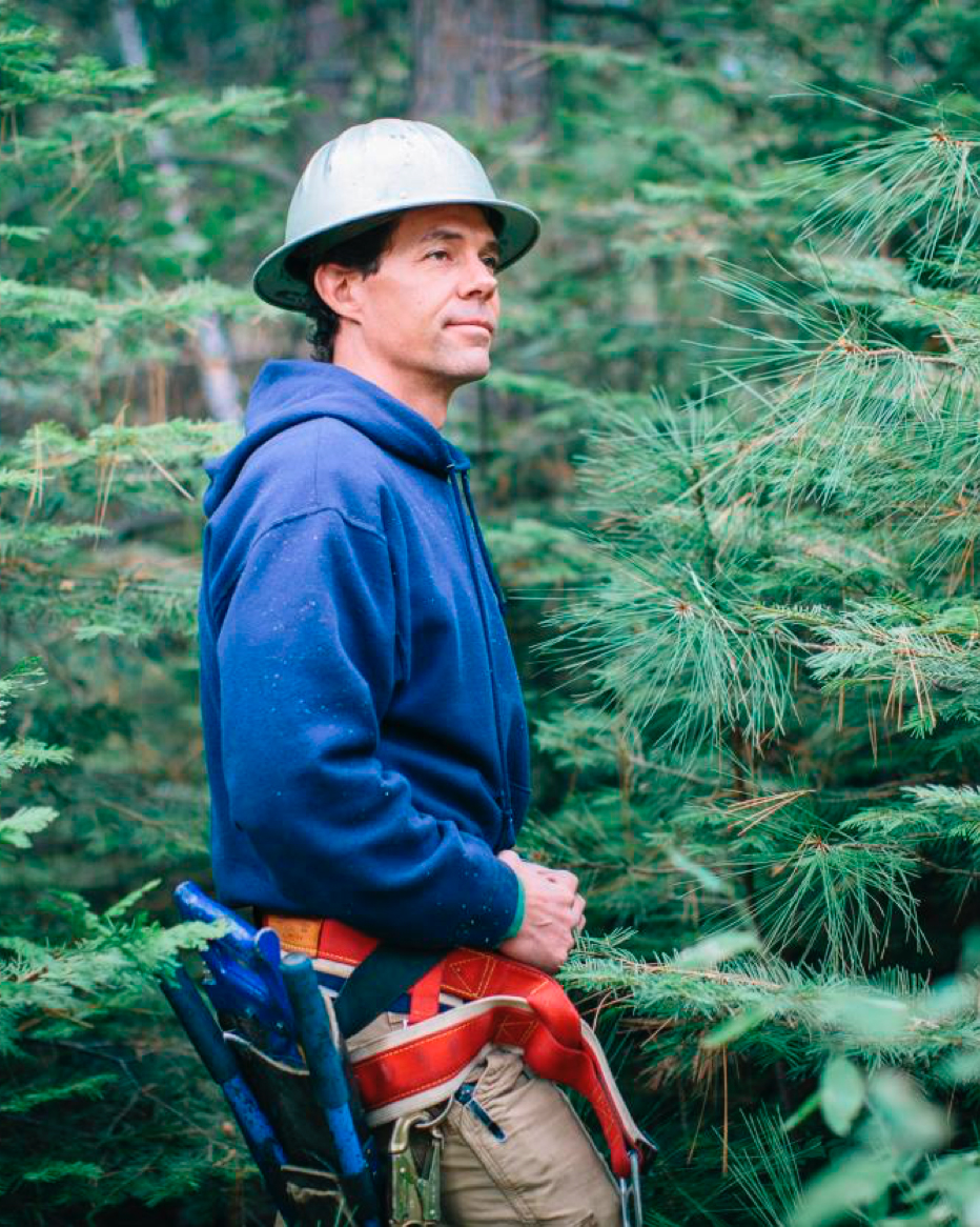 Rob York outside in a pine forest. He is wearing a hat and carrying tools on his belt.