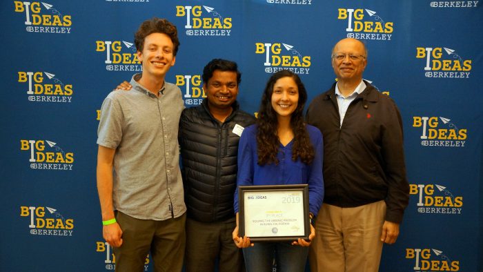  Lucas Duffy, Siva Rama Satyam Bandaru, Dana hernandez, and Professor Ashok Gadgil holding thier award at the Big Ideas Awards ceremony