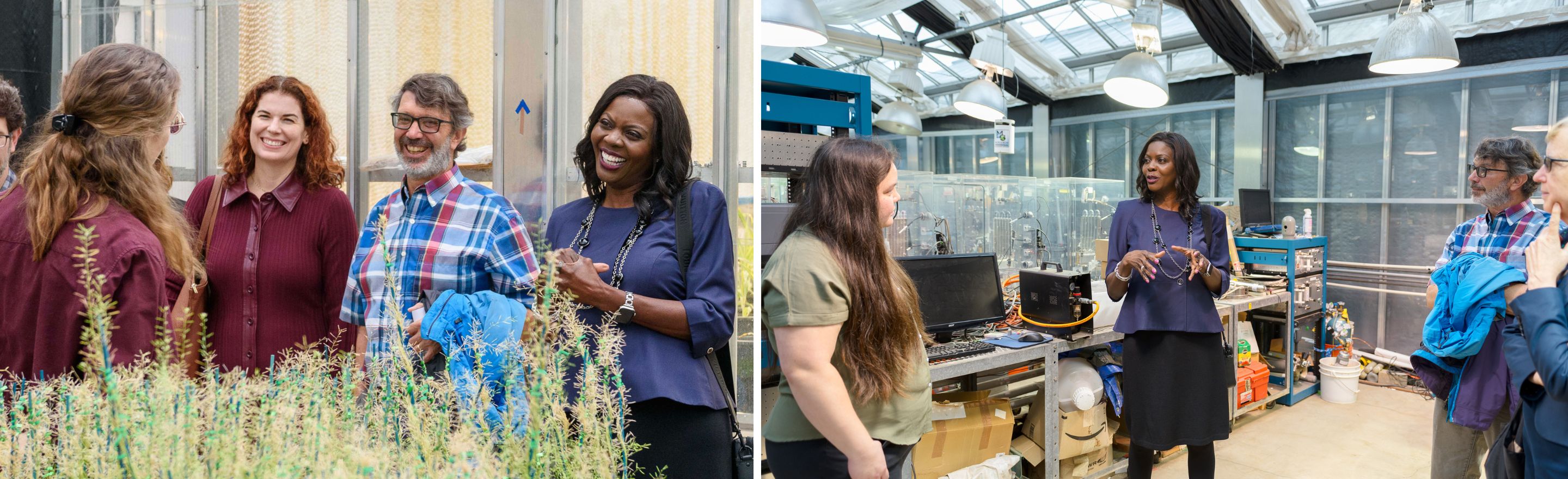 Two image: First a group of people smiling and listening to a speaker in a greenhouse, and another a women addressing a few people in a lab setting