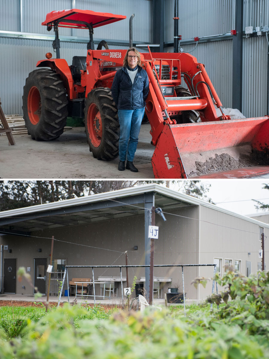 Image of Tina Wistrom, Facility Manager at the Gill Tract standing in front of red tractor. 