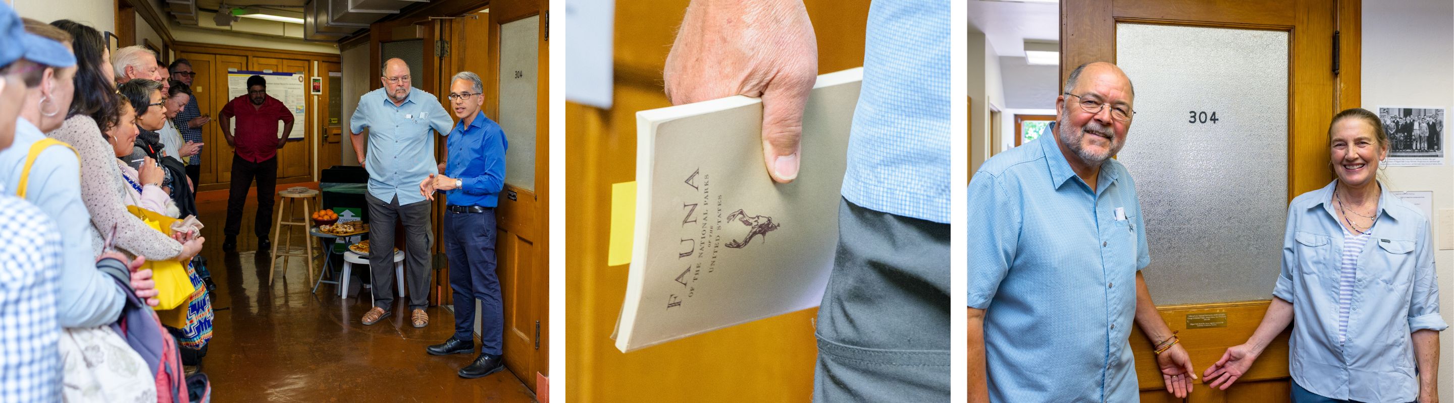 A composite image of a person speaking to a small crowd, a hand holding a book, and a man and a woman standing in front of a door gesturing toward a plaque.