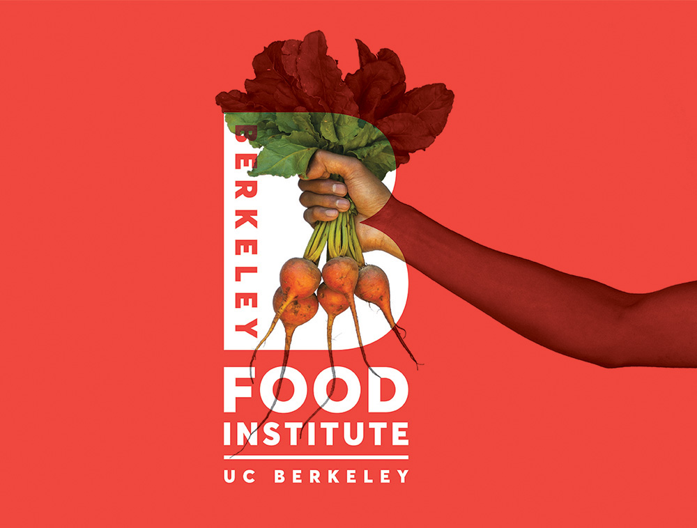 An arm holding some radishes with the Berkeley Food Institute logo