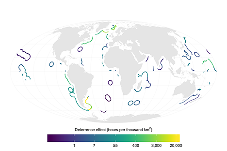 A map showing deterrence effect by EEZ-sea region. 