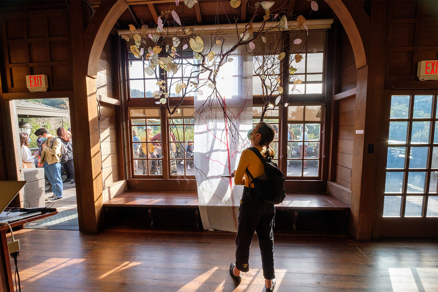 Student looks up at leaf exhibition artwork