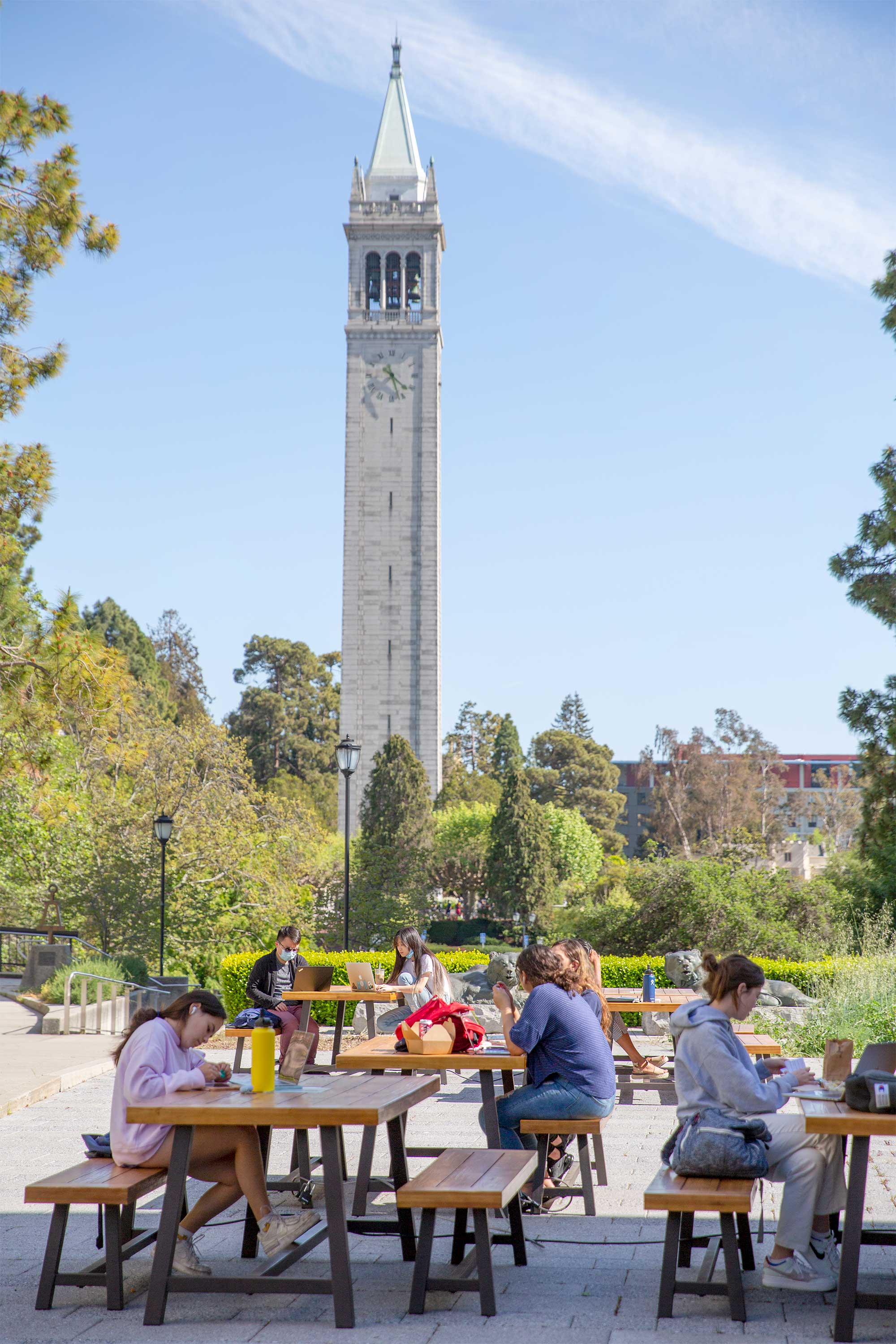 a group of tables with students sitting on them, with the campanile in the background