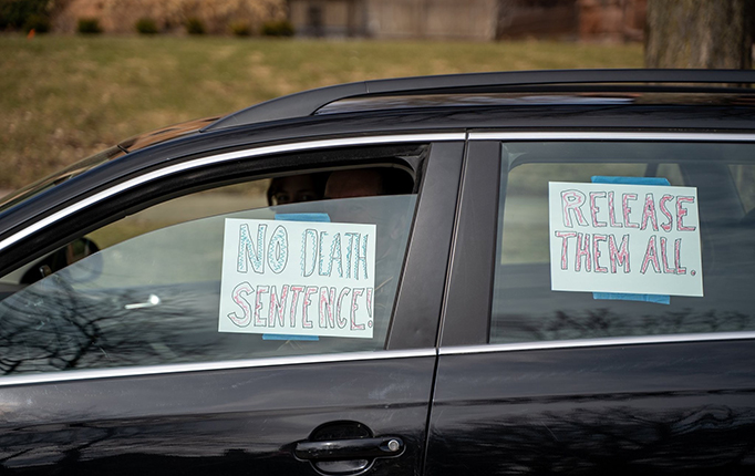 A March 22, 2020 car caravan protest outside Minnesota Governor’s Mansion. While physically distancing, protesters called for the release of all immigrant detainees from Minnesota jails.