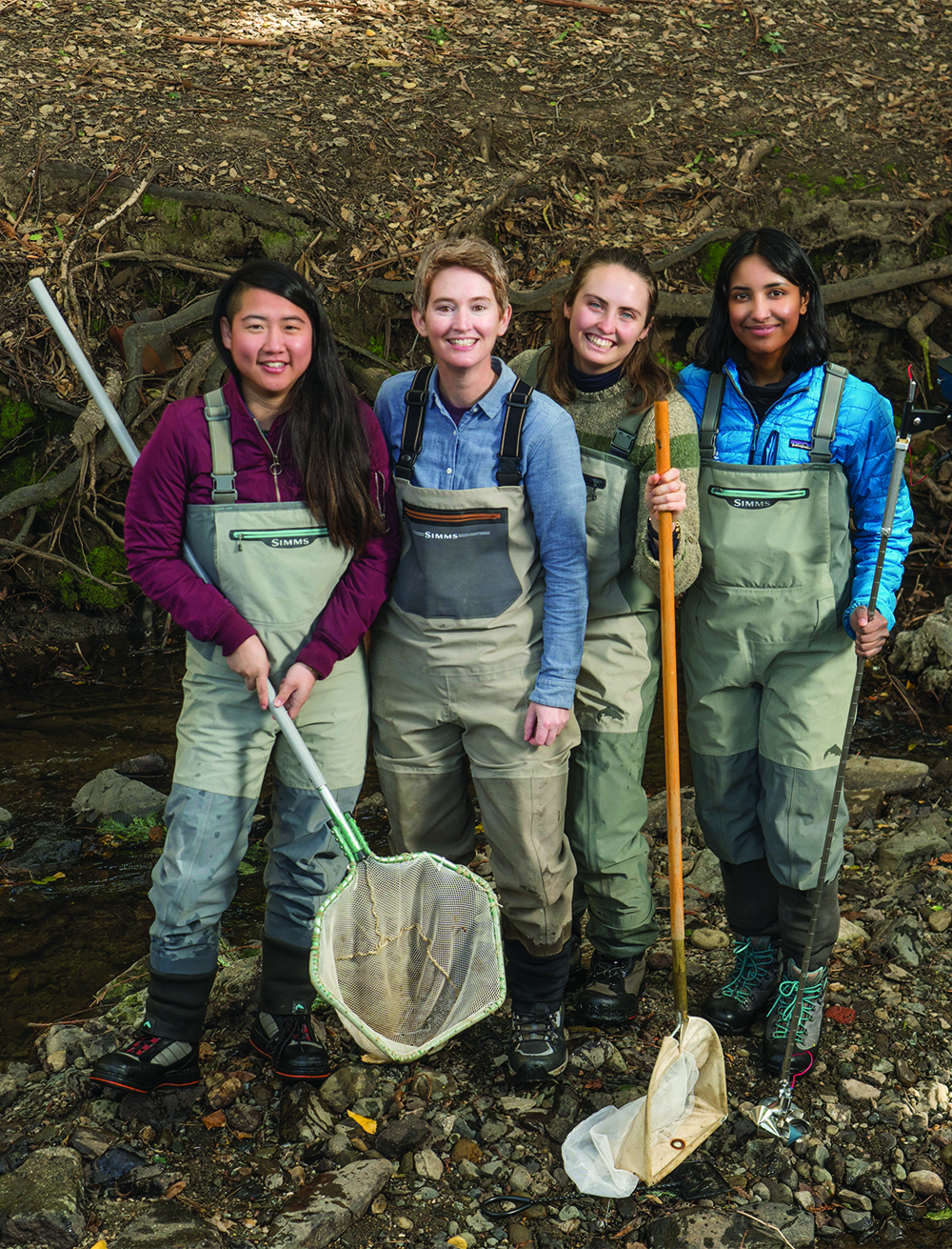 Three researchers wearing waders in a stream