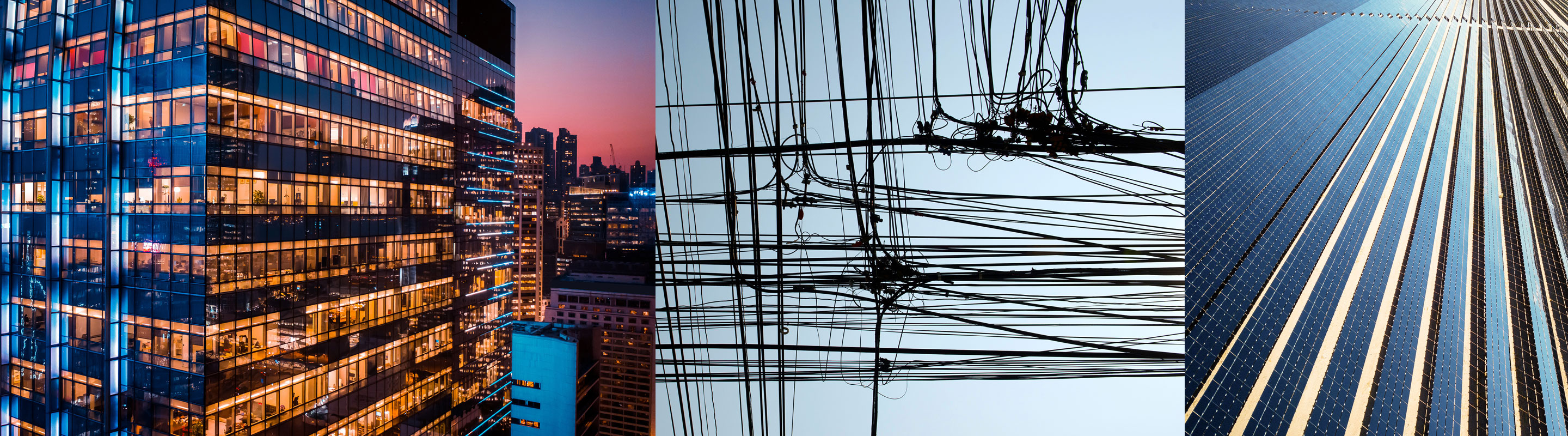 Three images - city buildings, electrical wires, and solar panels