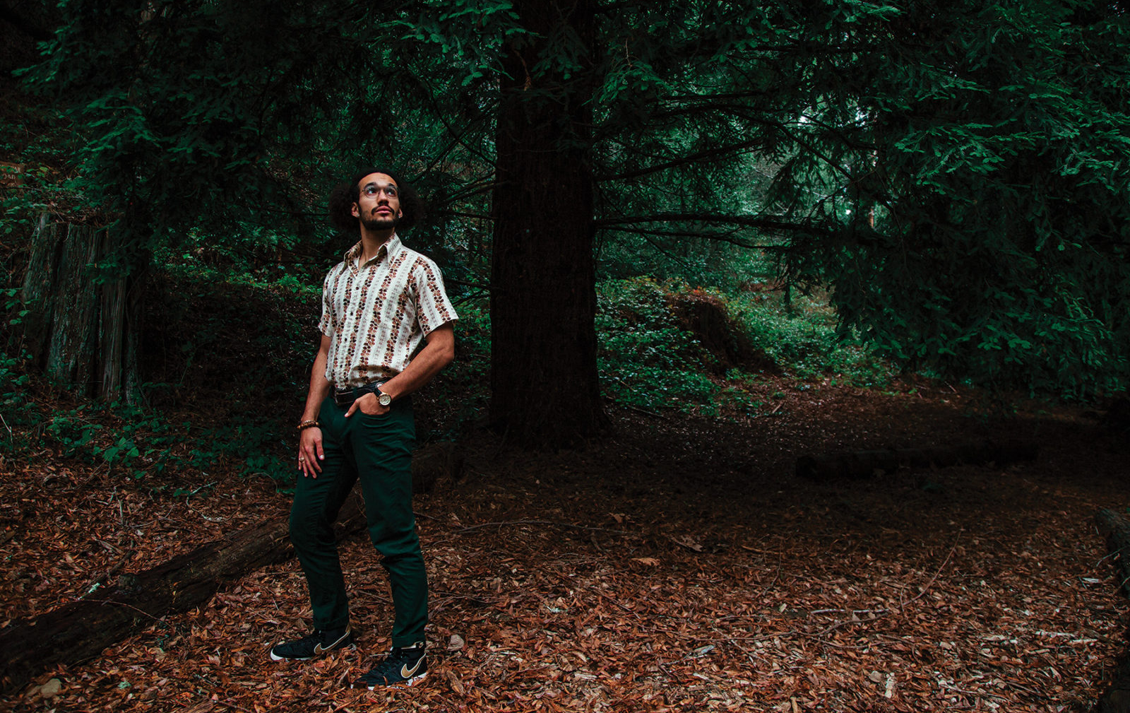 Lorenzo Washington standing in a forest.