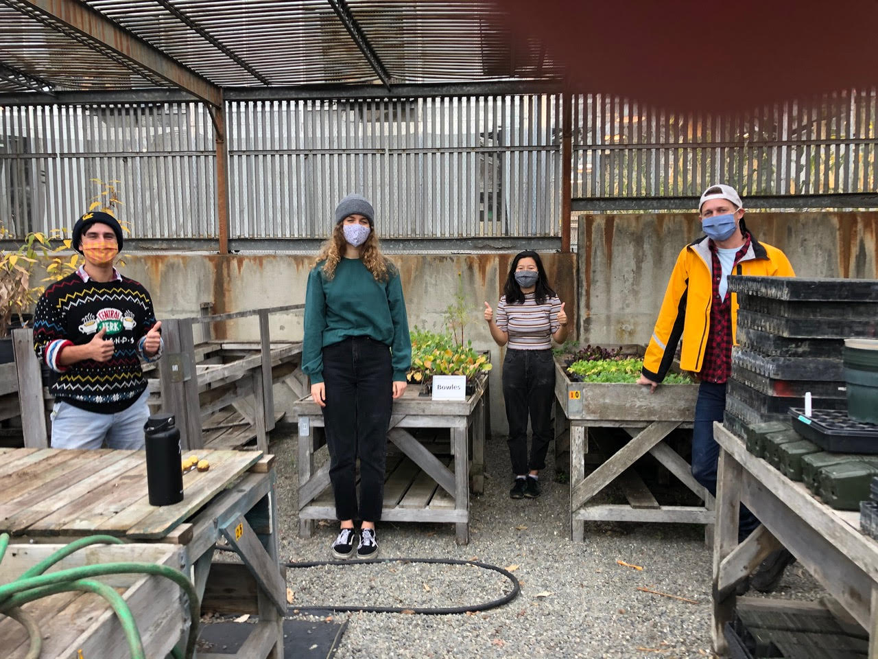 Four students in masks and socially distant at a campus pilot project