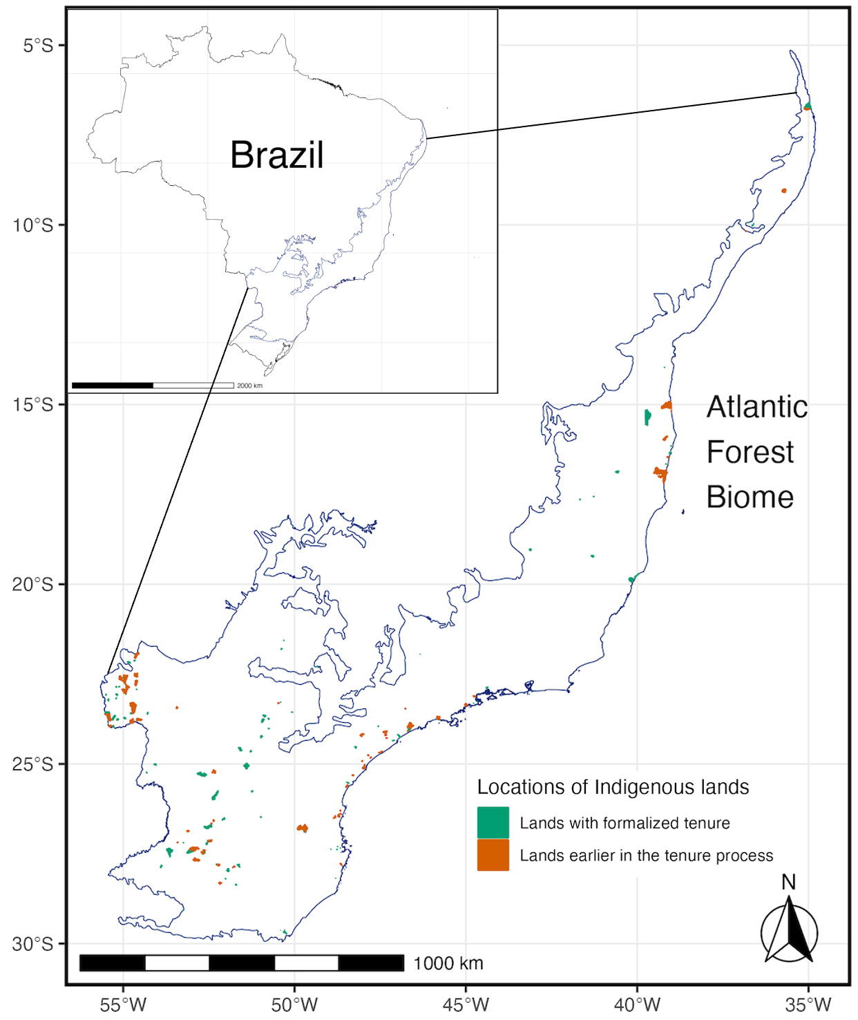 A map showing Indigenous lands in Brazil's Atlantic Forest Biome