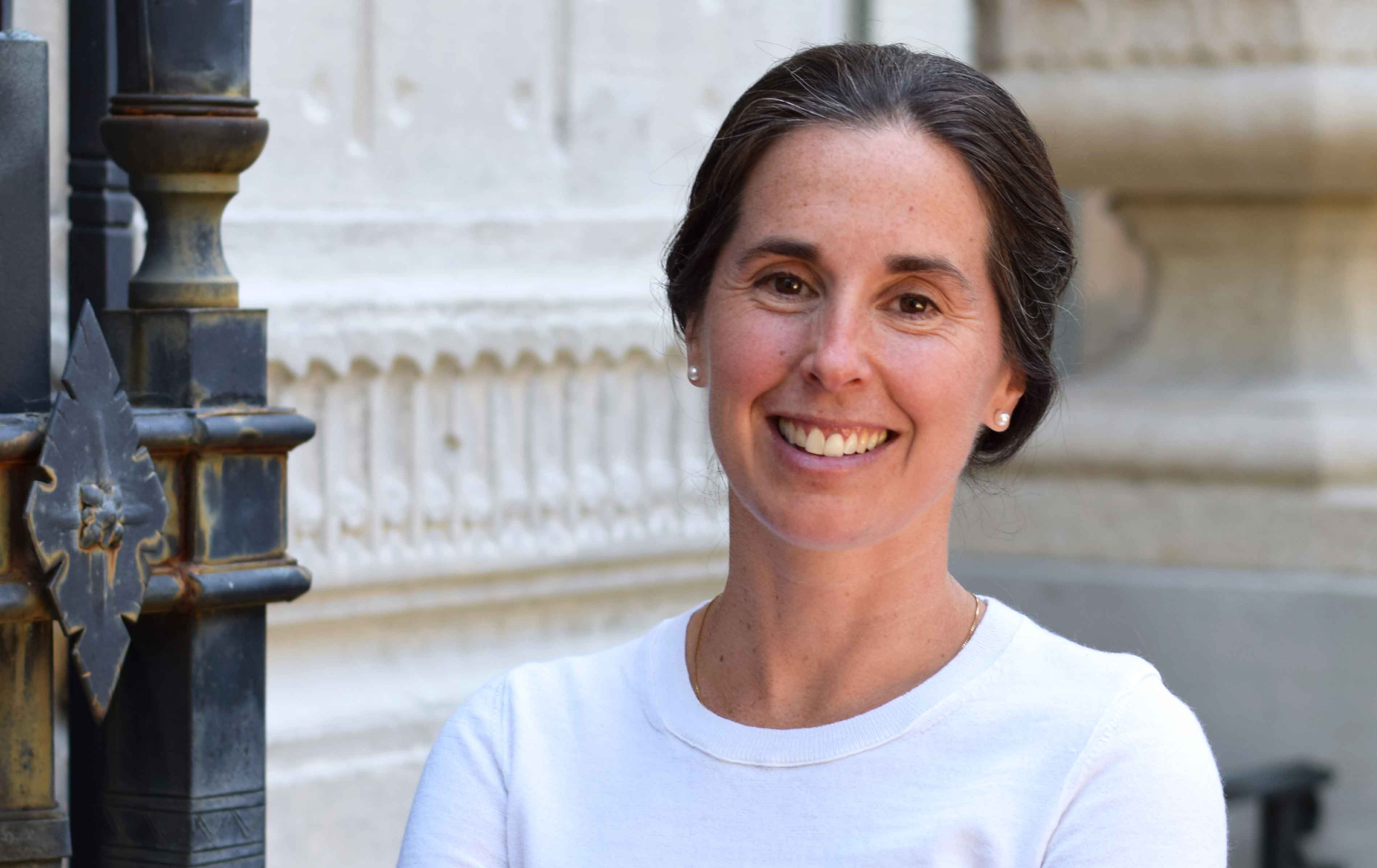 Meredith Fowlie stands in front of Giannini Hall